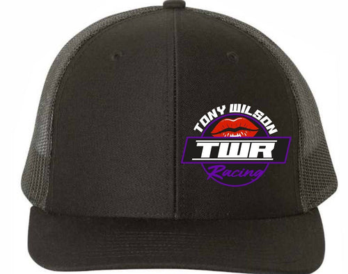 Black Tony Wilson Racing trucker cap with mesh back and the TWR logo on the front