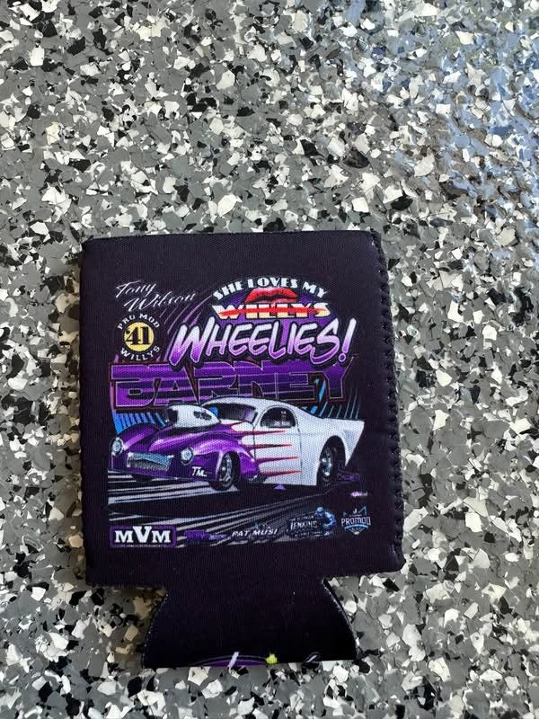 Black Tony Wilson Racing koozie with the She Loves My Wheelies Barney artwork